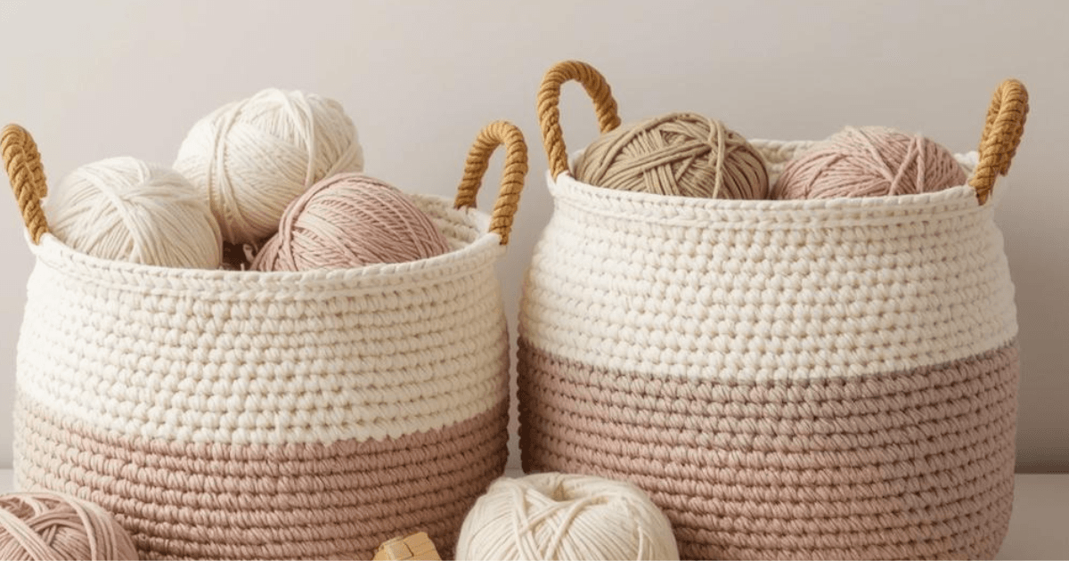 Two crocheted storage baskets filled with yarn skeins in cream, pink, and beige, with braided handles on a neutral background.