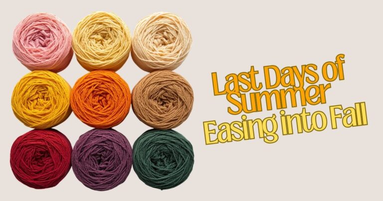 Summer Crochet Projects: Several yarn cakes arranged in a gradient that moves from summer brights through to fall tones (pastel to gold to plum to forest). Clean background, overhead shot.